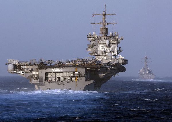 CVN-65, împreună cu crucişătorul înarmat cu rachete ghidate USS Vicksburg (CG-), în zona strîmtorii Gibraltar, în 2012