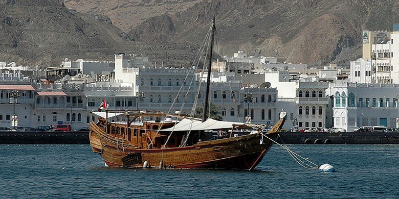 A traditional dhow, in Oman. Used now bz tourists, these fine sailing ships dominated, for several centuries, a large regu'ion of the Indian Ocean