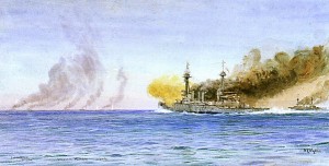 Scenă de la începutul confruntării: crucişătoarele britanice deschid focul asupra navelor germane, aflate aproape de orizont. 