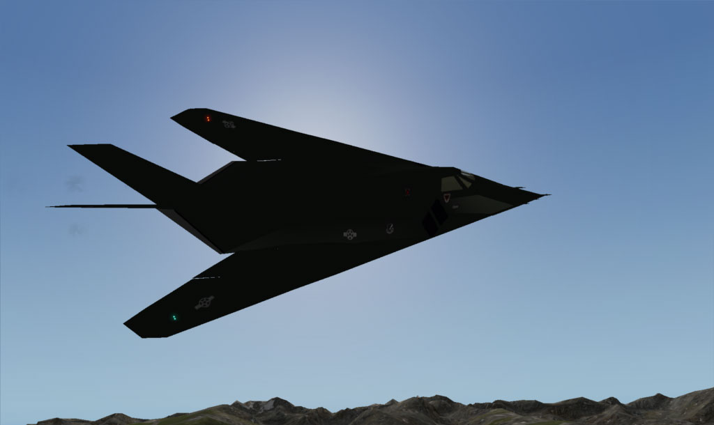 Avion american F-117A, în misiune de luptă, având la bord bombe ghidate prin laser, de câte 900 de kilograme fiecare