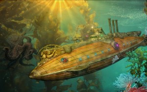 Ilustraţie color pentru romanul 20.000 de leghe sub mări: Nautilus, aşa cum şi-l imagina Jules Verne
