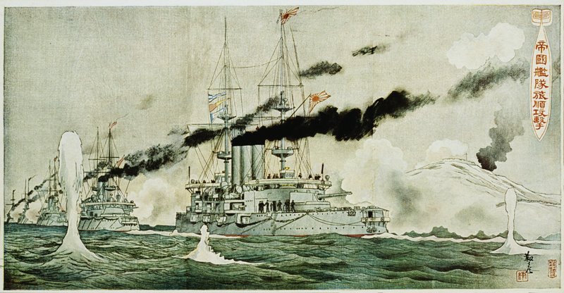 Flota amiralului Togo, bombardând Port Arthur+ul la câteva ore după atacul de noapte de la 8 februarie 1904